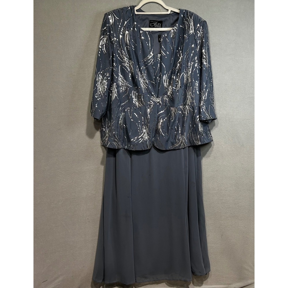 Alex Evenings 2 Pc Maxi‎ Dress Size 20W Beaded Sequin Jacket Gray Formal Evening